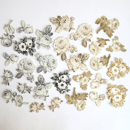 Faded Rose Die Cut Embellishments—assorted black, white, and beige paper florals on a white background, perfect for adding vintage style to your crafts.