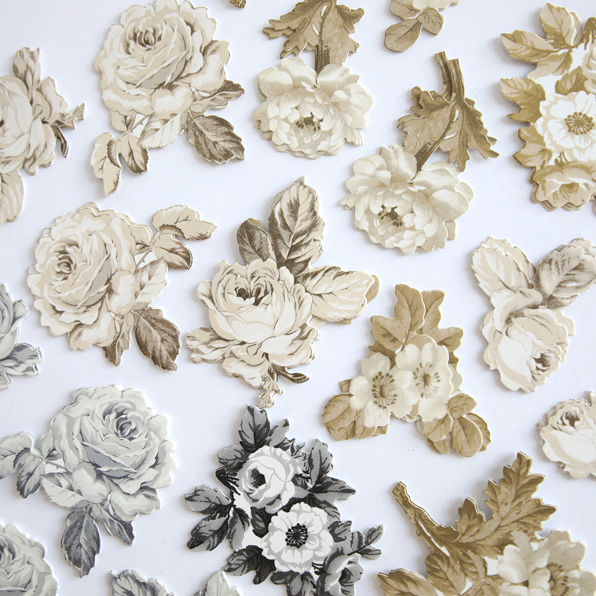 Faded Rose Die Cut Embellishments feature vintage-style floral stickers in cream, beige, gray, and black—perfect for crafts and beautifully arranged on a white background.