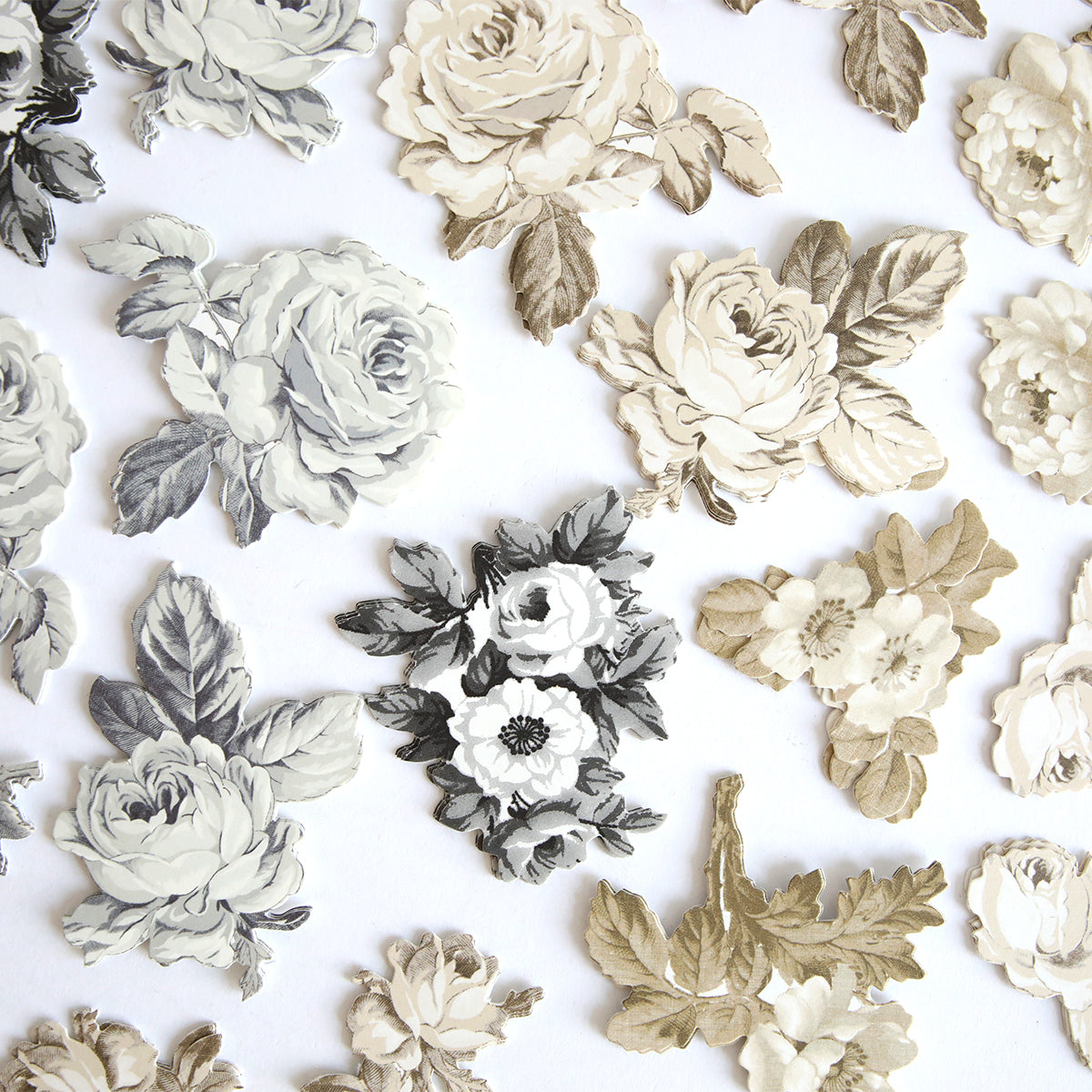 Faded Rose Die Cut Embellishments feature vintage floral paper cutouts in beige, cream, and gray—ideal as craft accents or unique stickers for your creative projects.