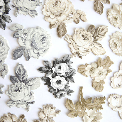 Faded Rose Die Cut Embellishments feature vintage floral paper cutouts in beige, cream, and gray—ideal as craft accents or unique stickers for your creative projects.