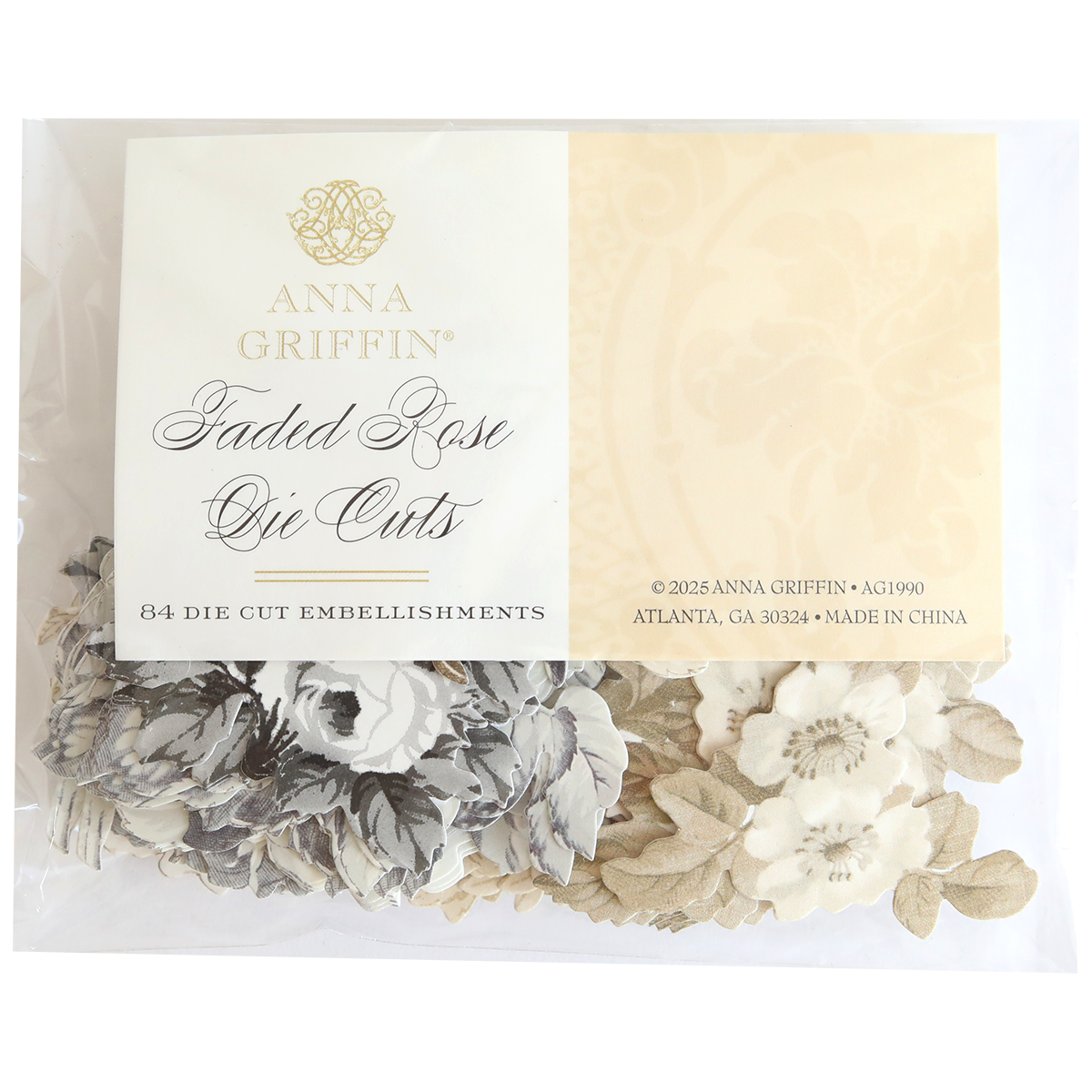 A pack of Faded Rose Die Cut Embellishments includes 84 vintage floral pieces—ideal for adding elegant beige and gray accents to your crafts.