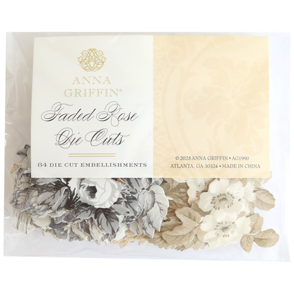 A pack of Faded Rose Die Cut Embellishments includes 84 vintage floral pieces—ideal for adding elegant beige and gray accents to your crafts.