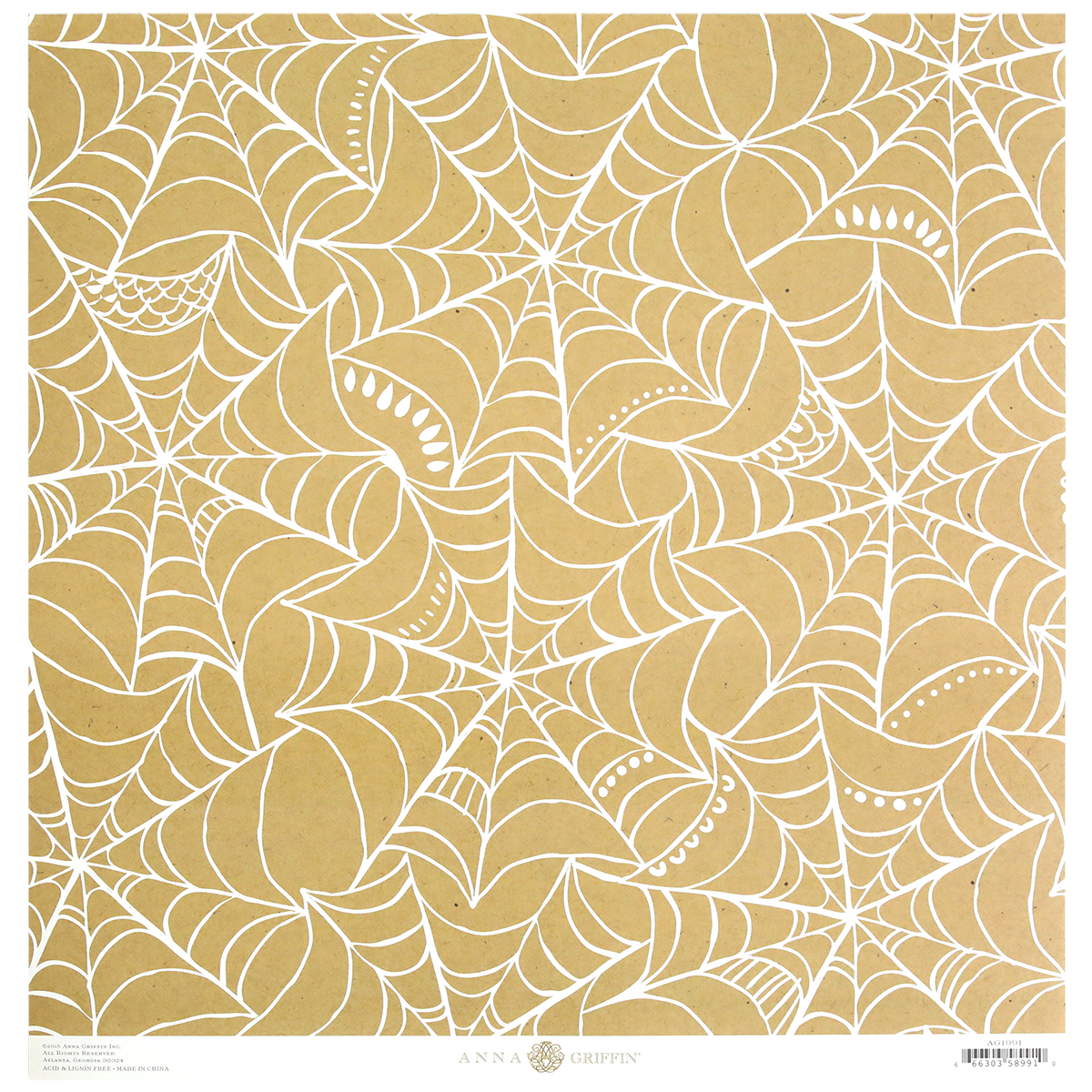 Endora Kraft Web 12x12 Cardstock, featuring a decorative white spiderweb design on a brown background, is available in a pack of 5 sheets and is manufactured by Anna Griffin.