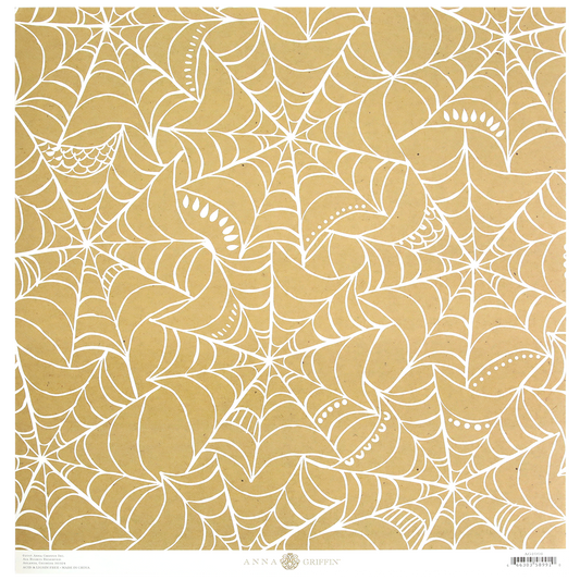 Endora Kraft Web 12x12 Cardstock, featuring a decorative white spiderweb design on a brown background, is available in a pack of 5 sheets and is manufactured by Anna Griffin.