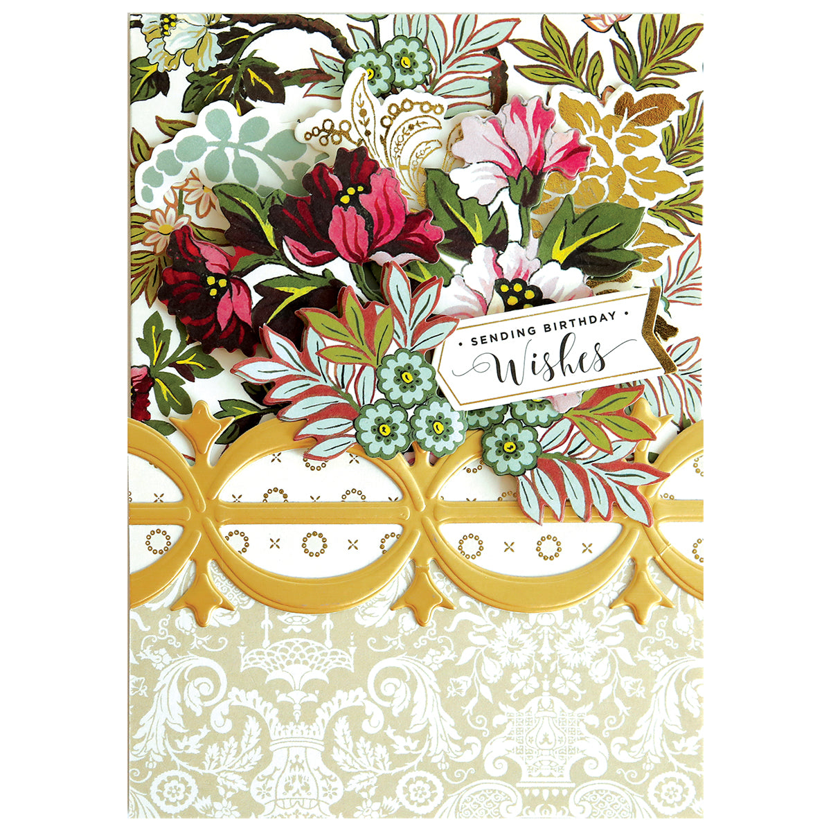 Add elegance to scrapbook pages or handmade cards with the 12" Grand Trimmings Border Dies—featuring intricate floral designs, gold trim, and a "Sending Birthday Wishes" tag in black text.