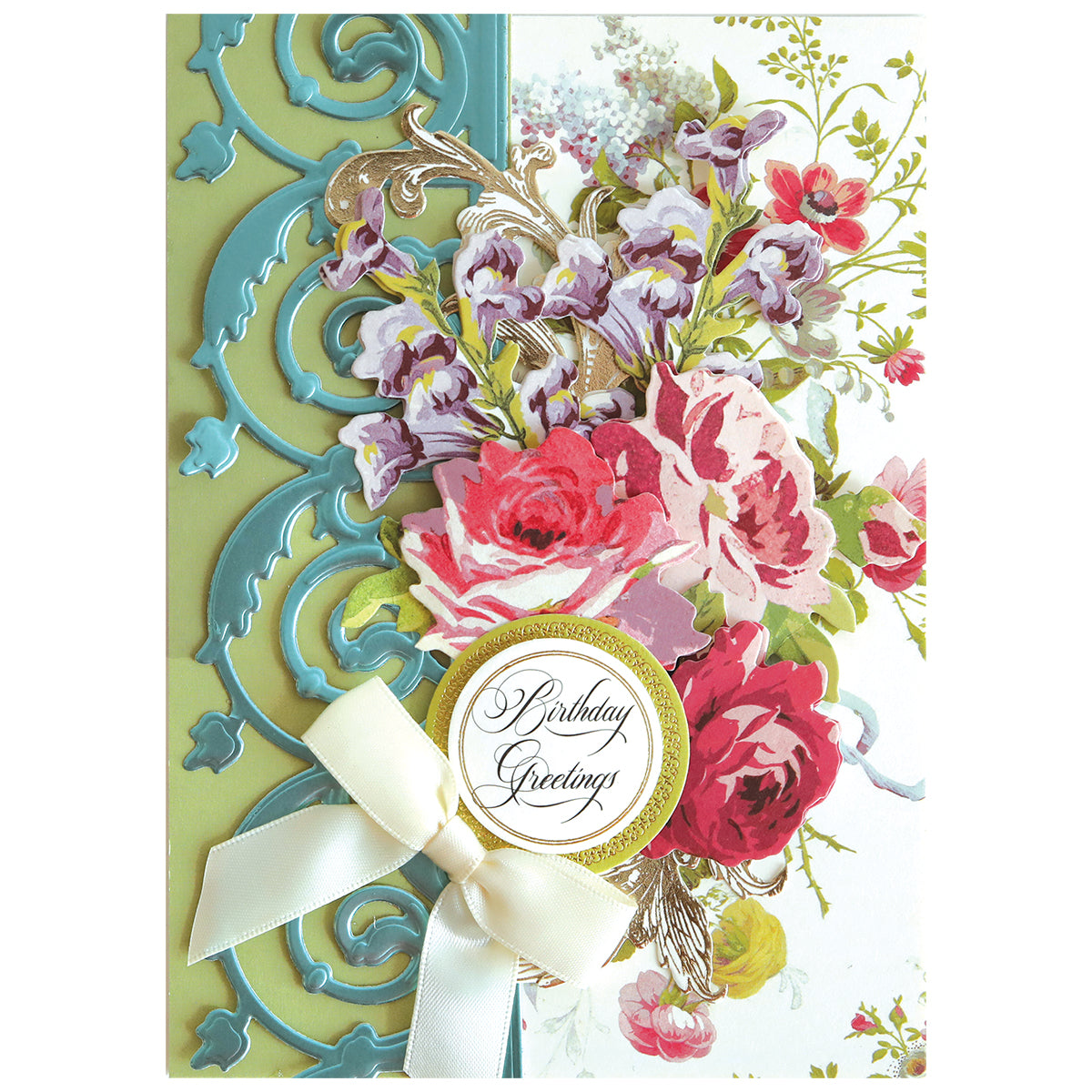Create elegant cardmaking or scrapbook projects with the 12" Grand Trimmings Border Dies, featuring ornate blue and green patterns, a floral bouquet, white ribbon bow, and a circular "Birthday Greetings" label.