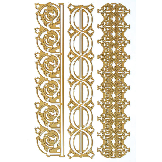 Three ornate gold border strips, created with the 12" Grand Trimmings Border Dies, feature intricate patterns and are arranged vertically on a white background—ideal for scrapbook pages or cardmaking.