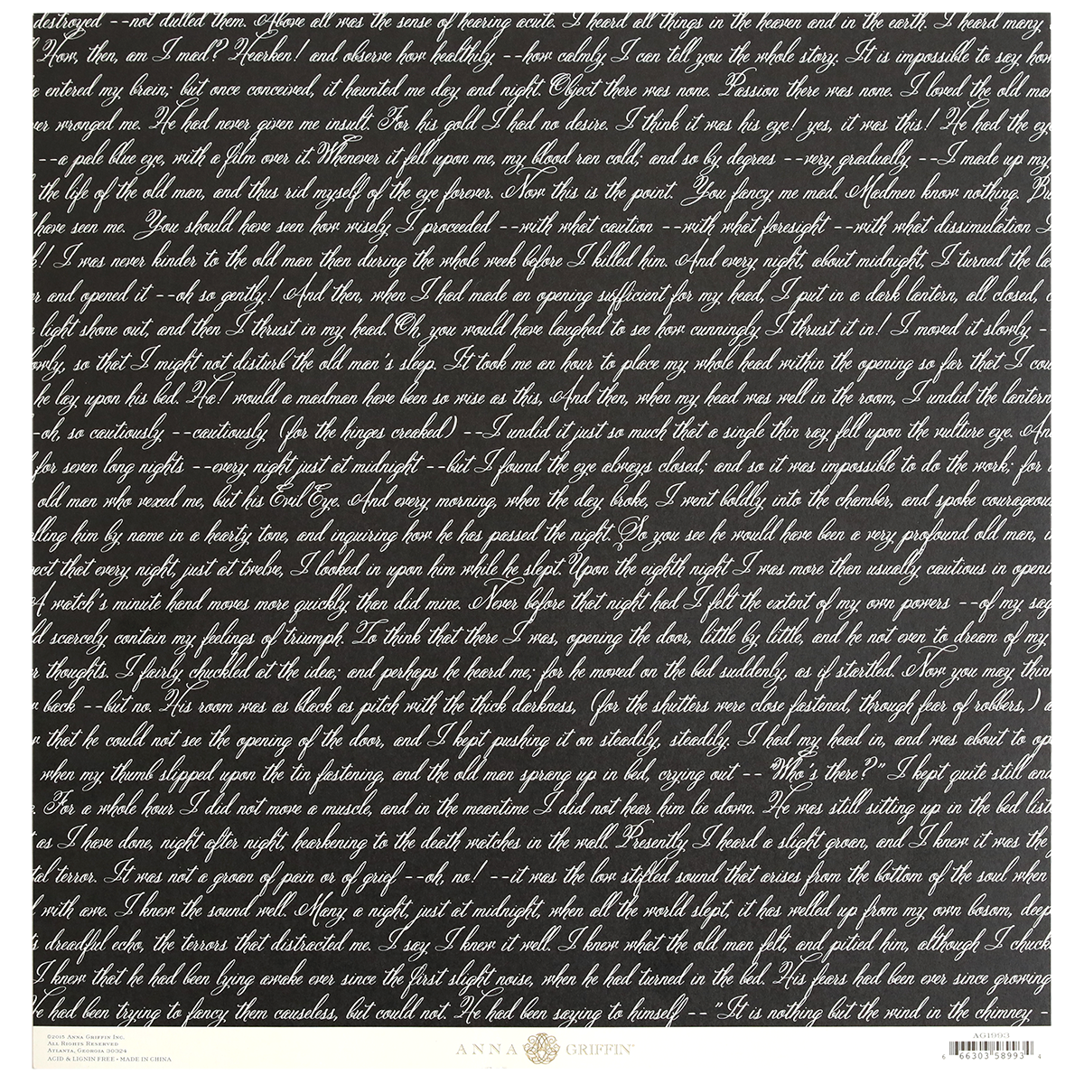 The Endora Black Script 12x12 Cardstock features a black rectangular sheet measuring 12" x 12", with single-sided, patterned cardstock adorned in white cursive handwritten text across its entire surface. The bottom edge includes branding information from Anna Griffin and a barcode.