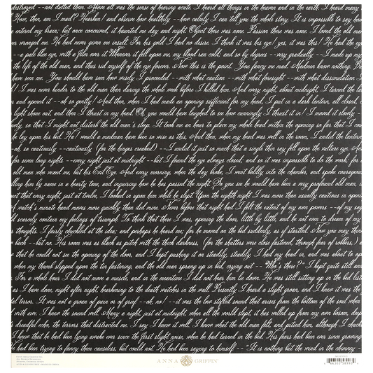 The Endora Black Script 12x12 Cardstock features a black rectangular sheet measuring 12" x 12", with single-sided, patterned cardstock adorned in white cursive handwritten text across its entire surface. The bottom edge includes branding information from Anna Griffin and a barcode.