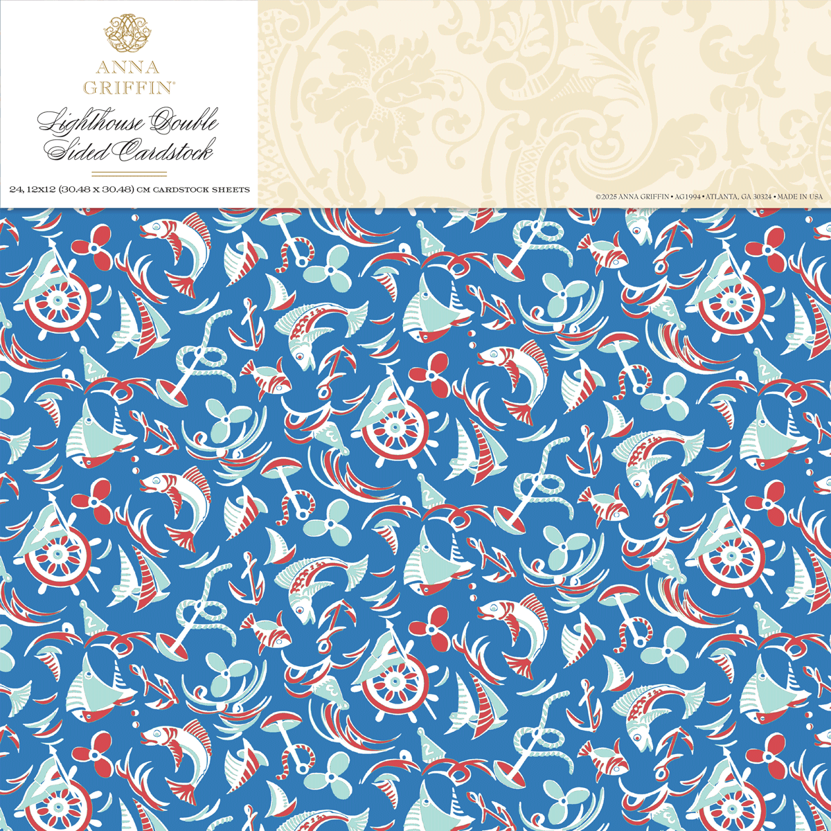 Lighthouse 12x12 Cardstock features blue patterned paper with white and red nautical illustrations like anchors, sailboats, lifesavers, and ropes. Anna Griffin branding at the top. Ideal for use with Lighthouse Easel Dies.