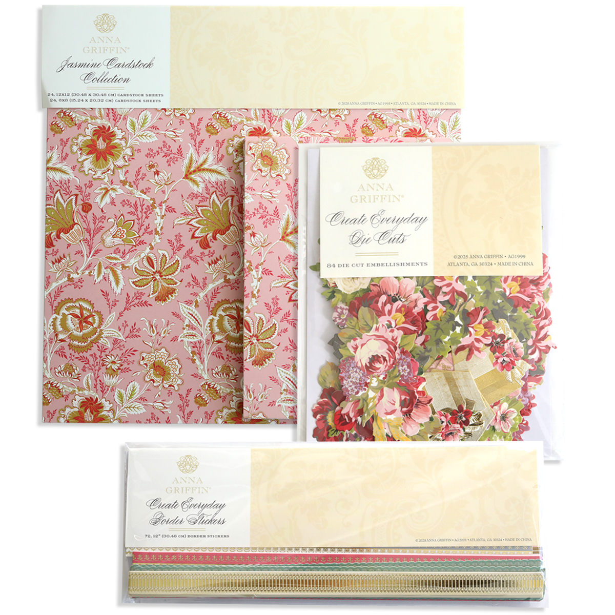 Four Jasmine Cardstock, Borders & Embellishments sets by Anna Griffin, featuring gold foil and floral cardstock, die-cut accents, and ornamental borders arranged on a white background.
