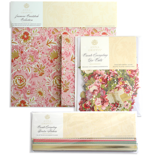 Four Jasmine Cardstock, Borders & Embellishments sets by Anna Griffin, featuring gold foil and floral cardstock, die-cut accents, and ornamental borders arranged on a white background.