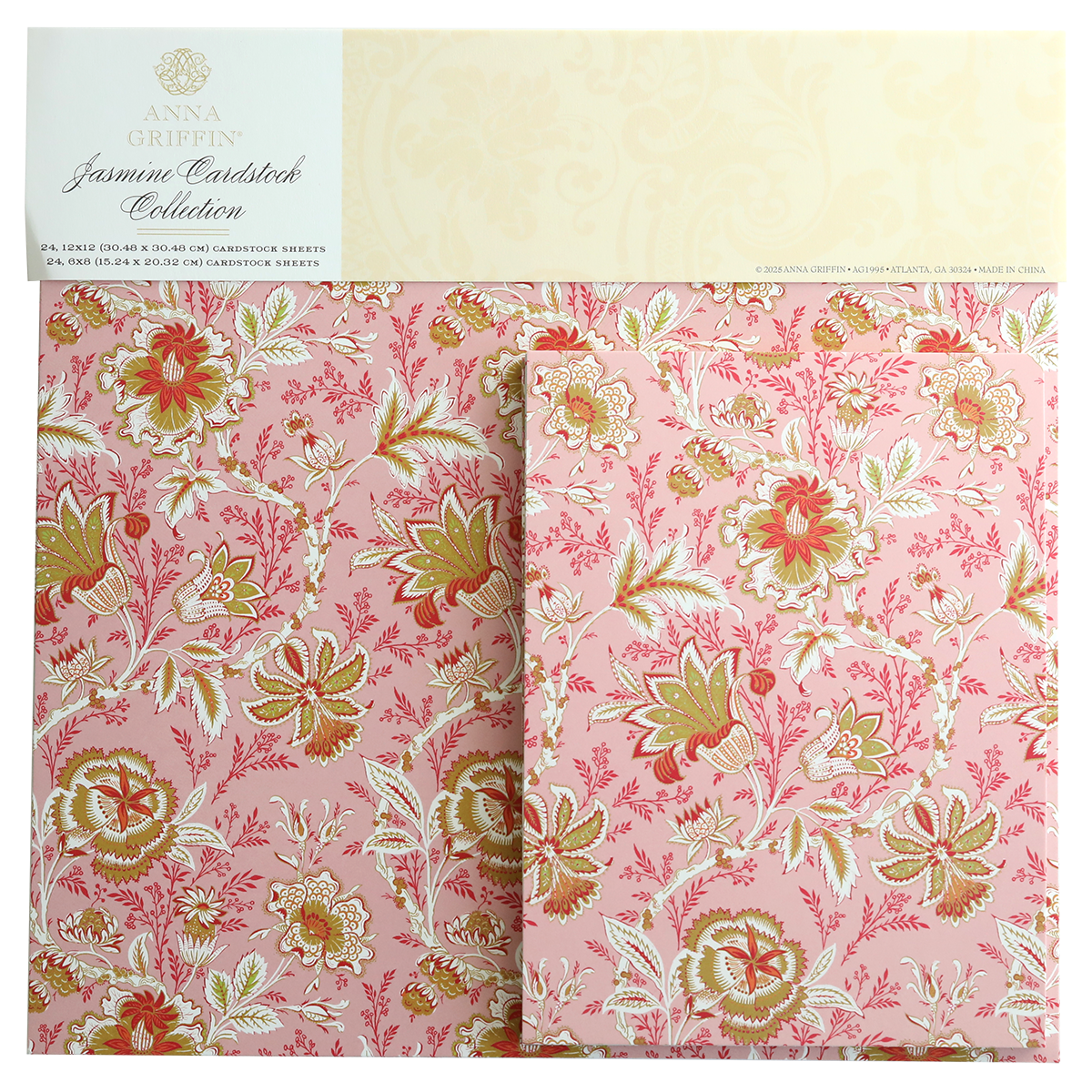 The Jasmine Cardstock Collection includes pink floral cardstock sheets with gold foil accents, plus white and red patterns.
