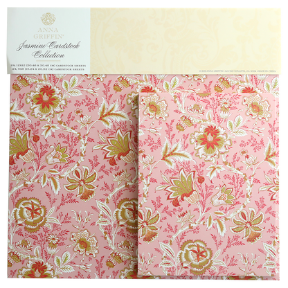 The Jasmine Cardstock Collection includes pink floral cardstock sheets with gold foil accents, plus white and red patterns.
