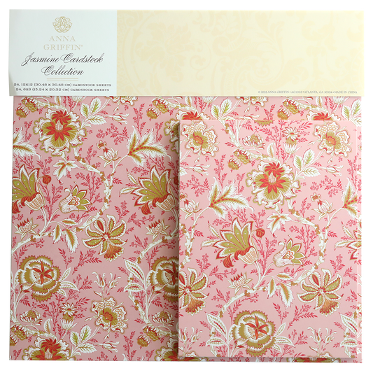 The Jasmine Cardstock Collection includes pink floral cardstock sheets with gold foil accents, plus white and red patterns.