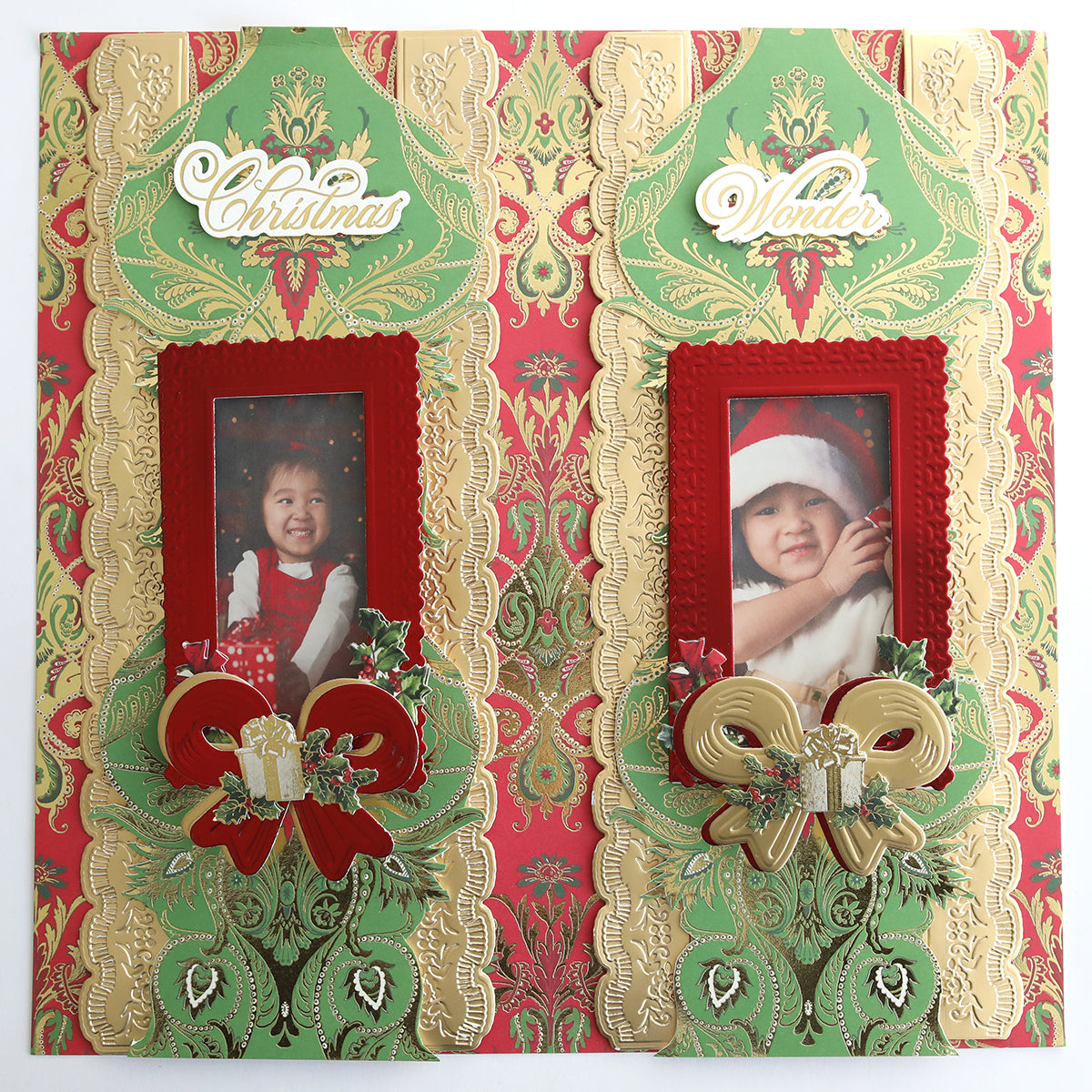 A decorative scrapbook page displays two framed photos of children in festive outfits, accented with ornate gold, red, and green Christmas embellishments crafted from the Jasmine Holiday Cardstock Collection, plus "Christmas Wonder.