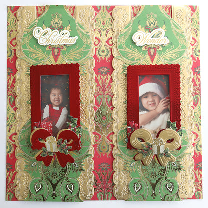 A decorative scrapbook page displays two framed photos of children in festive outfits, accented with ornate gold, red, and green Christmas embellishments crafted from the Jasmine Holiday Cardstock Collection, plus "Christmas Wonder.