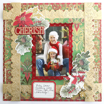 A woman and a girl in Santa hats pose amid holiday décor on a festive scrapbook page, crafted with the Jasmine Holiday Cardstock Collection and featuring the word "Cherish.
