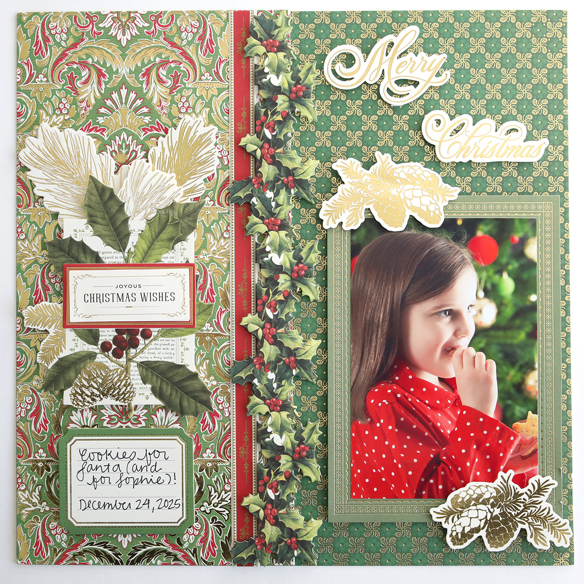 A scrapbook page uses Jasmine Holiday Cardstock Collection, with a child in red, "Merry Christmas" text, pinecone and holly decor, plus handwritten notes dated December 24, 2023.
