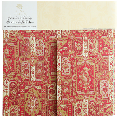 The Jasmine Holiday Cardstock Collection features premium 300 gsm sheets with ornate red and gold floral and geometric designs, perfect for crafting festive holiday cards.