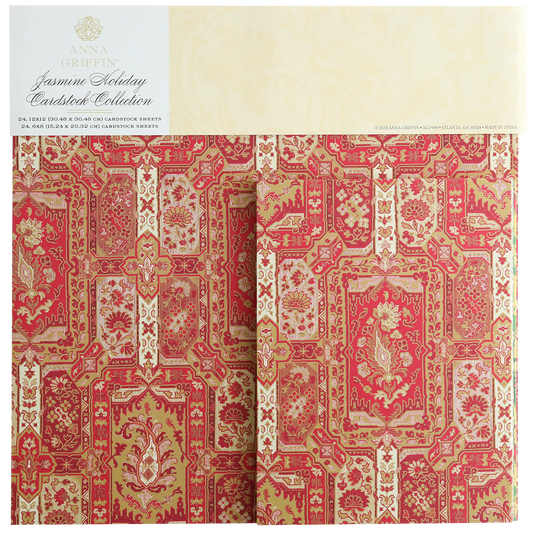 The Jasmine Holiday Cardstock Collection features premium 300 gsm sheets with ornate red and gold floral and geometric designs, perfect for crafting festive holiday cards.