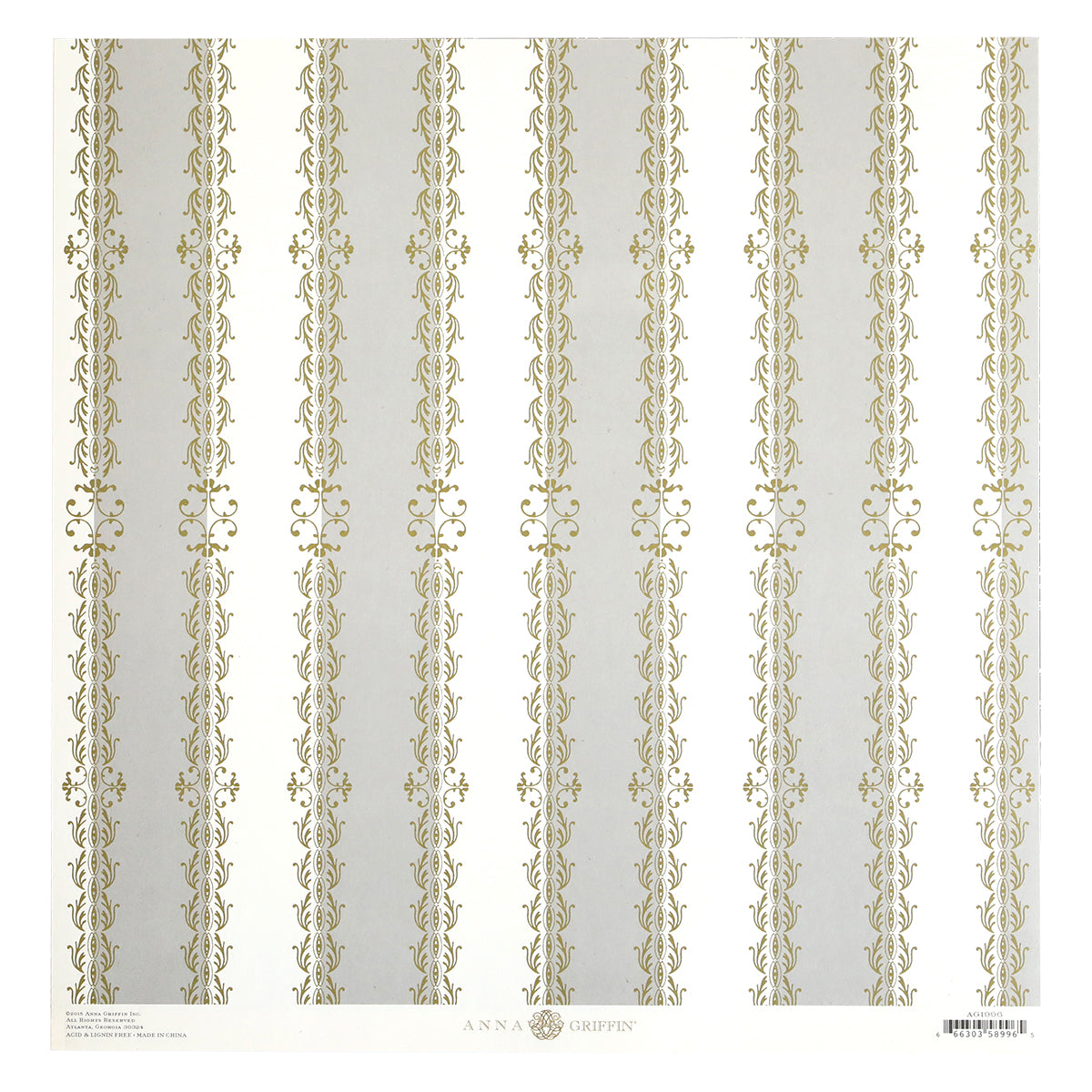 A sheet of Endora Grey Striped 12x12 Cardstock features single-sided vertical stripes in grey and gold, adorned with intricate floral and decorative designs along each stripe. The bottom center displays the brand name "Anna Griffin." Each pack contains 5 sheets of this patterned cardstock.