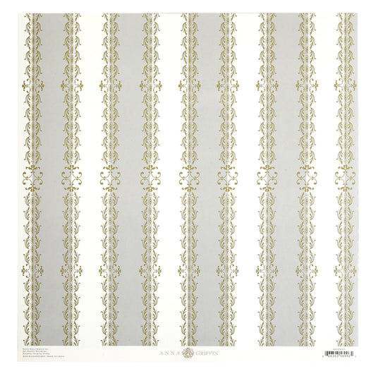 A sheet of Endora Grey Striped 12x12 Cardstock features single-sided vertical stripes in grey and gold, adorned with intricate floral and decorative designs along each stripe. The bottom center displays the brand name "Anna Griffin." Each pack contains 5 sheets of this patterned cardstock.