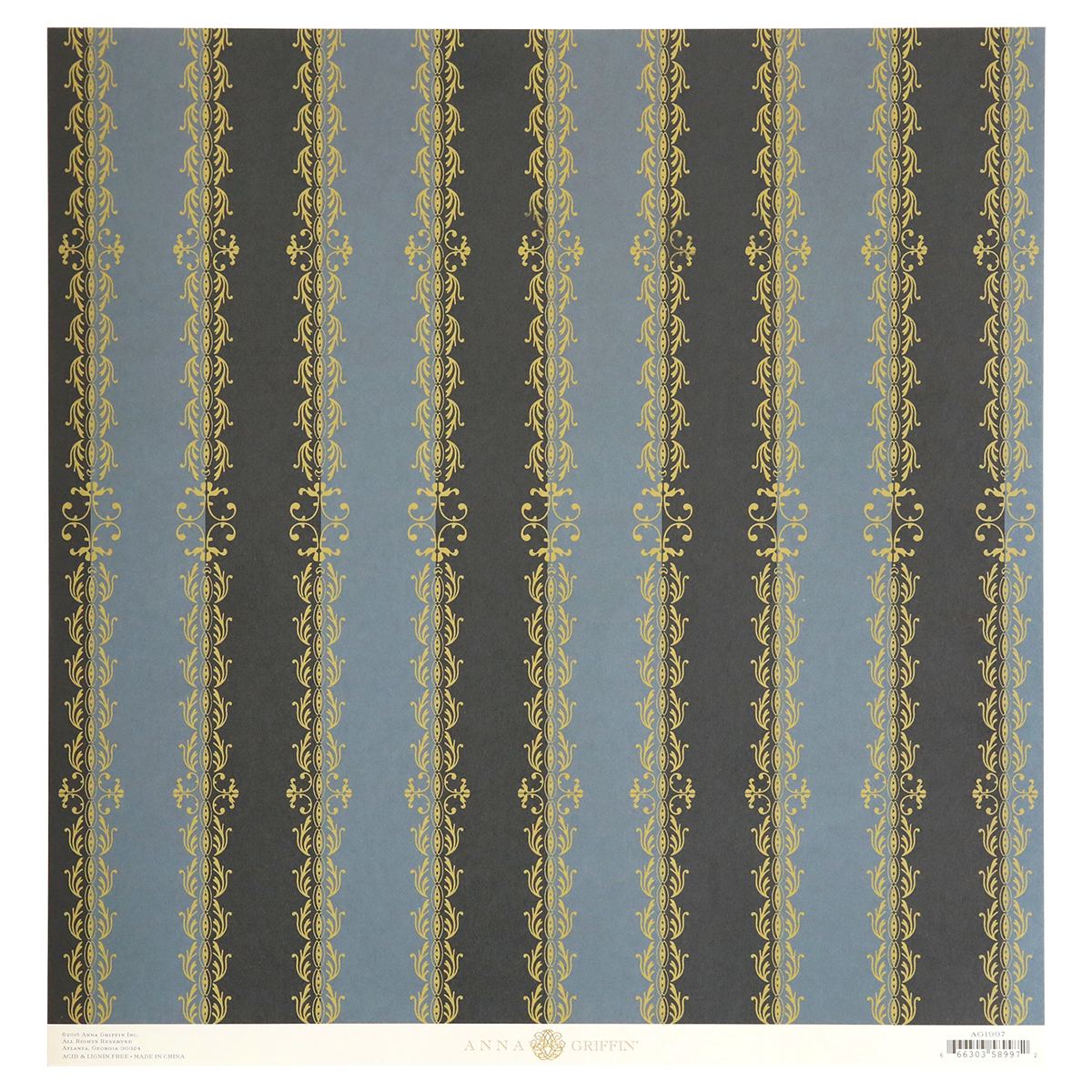 Black Stripe 12x12 Cardstock - 25 sheets: Elegant scrapbook paper featuring alternating blue and dark gray vertical stripes with ornate gold accents—ideal for sophisticated craft projects.