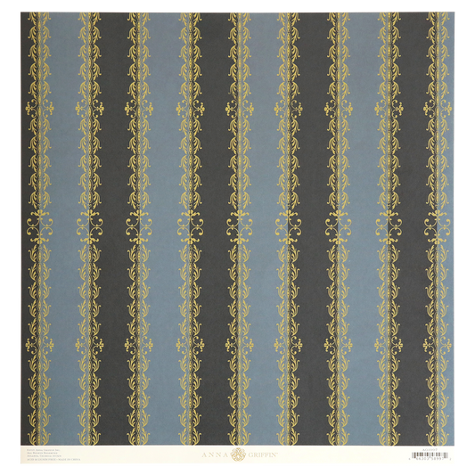 Black Stripe 12x12 Cardstock - 25 sheets: Elegant scrapbook paper featuring alternating blue and dark gray vertical stripes with ornate gold accents—ideal for sophisticated craft projects.
