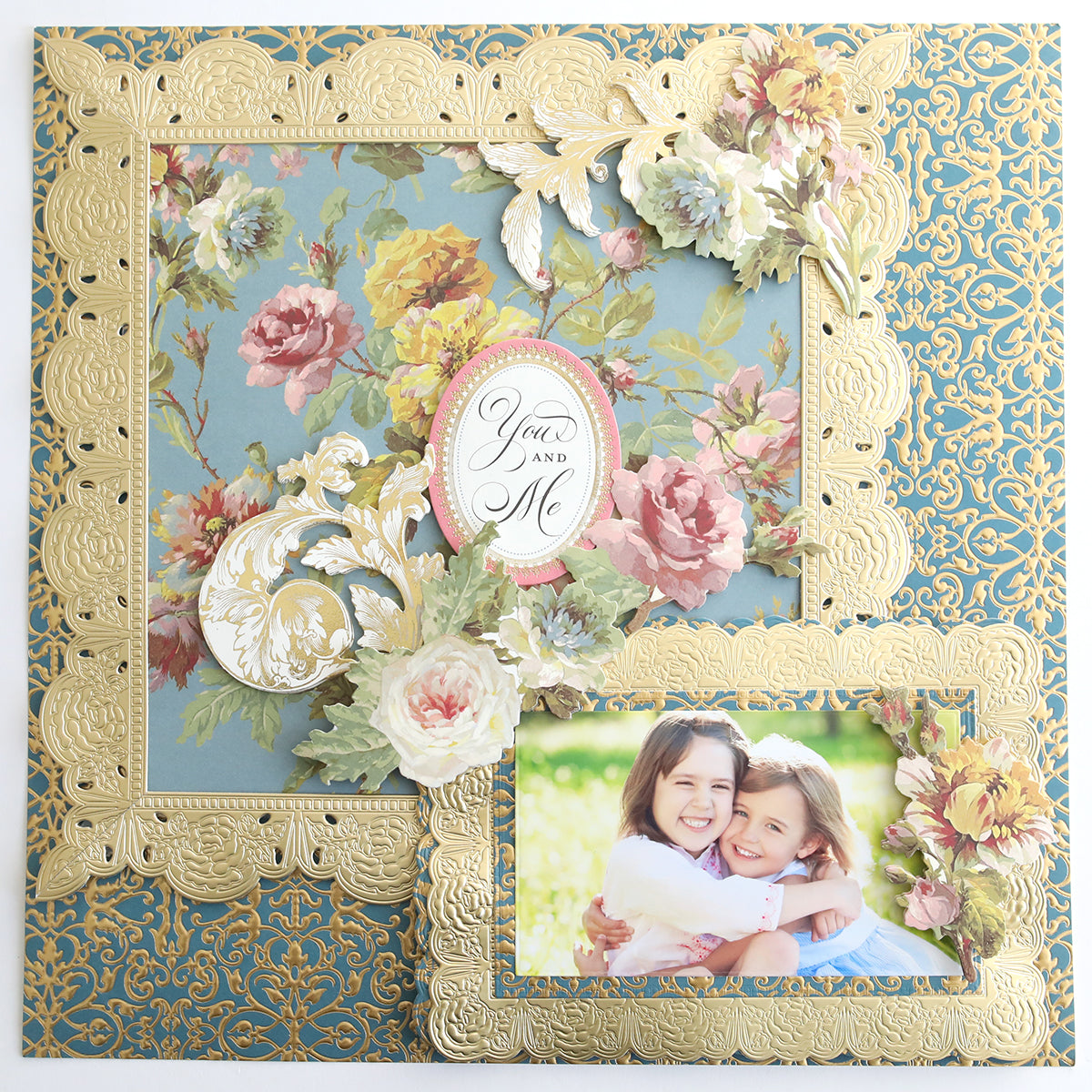 Create a decorative scrapbook page with gold embossed florals on Jasmine Luxury Tonal Foil Cardstock, featuring a “You and Me” label and a photo—perfect for crafting unforgettable memories.