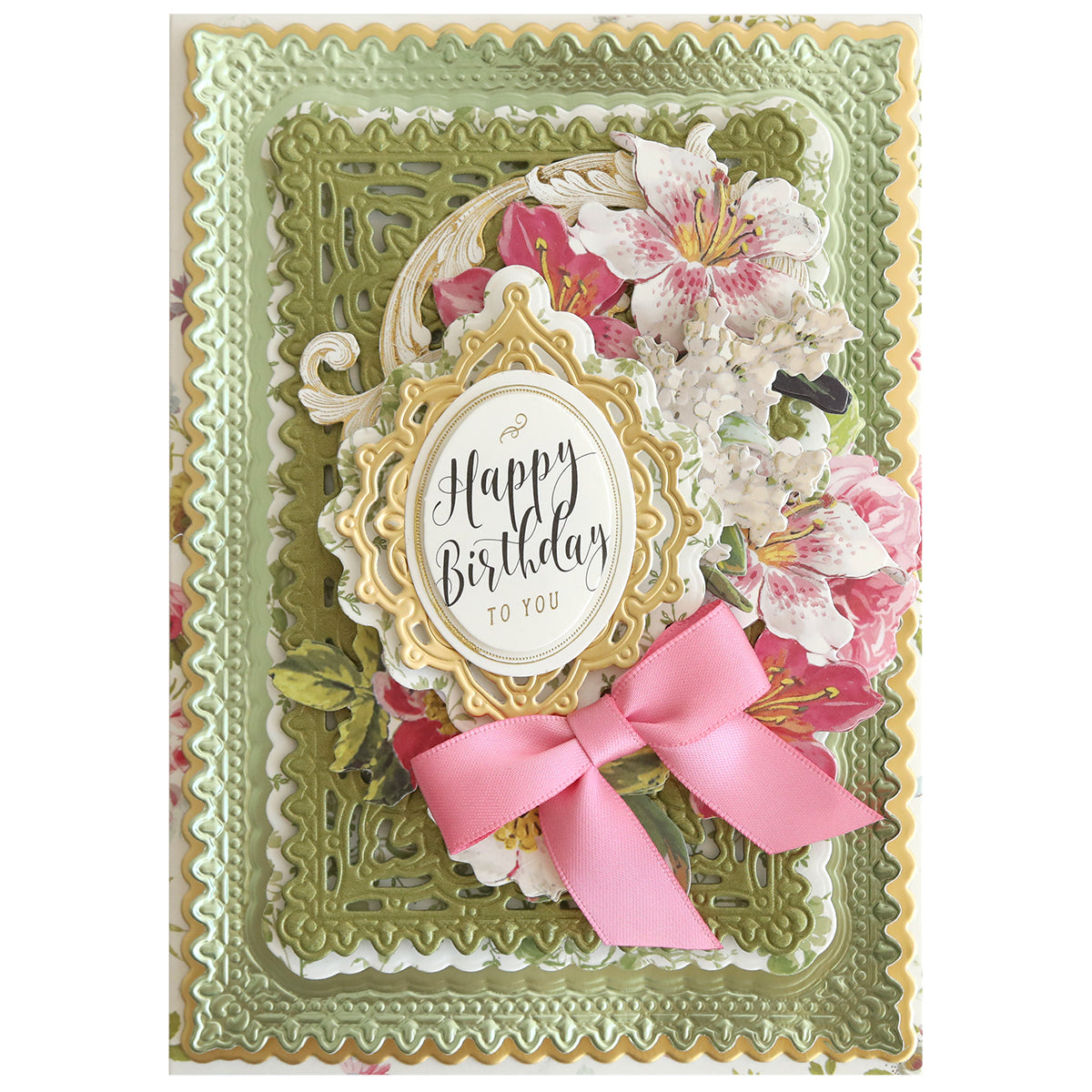 Create stunning handmade birthday cards with the Jasmine Concentric Die Set, featuring ornate green and gold borders, floral designs, a pink bow, and "Happy Birthday to You"—perfect for layered, decorative creations.