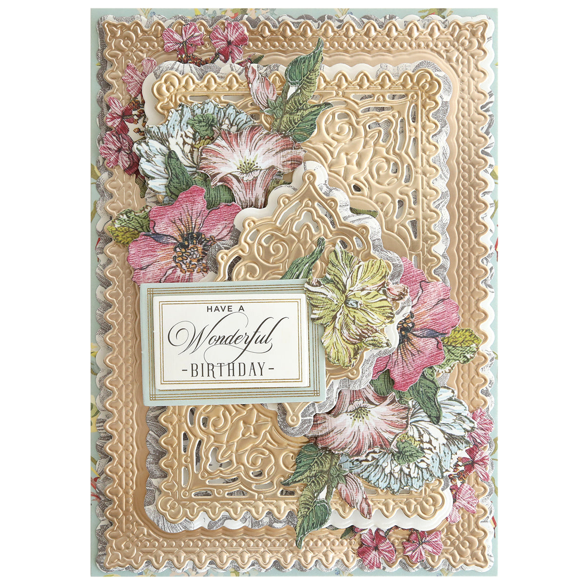 A handmade birthday card crafted with the Jasmine Concentric Die Set, featuring ornate gold layers, floral accents, and a "Have a Wonderful Birthday" message—perfect for showcasing elegant layered designs.