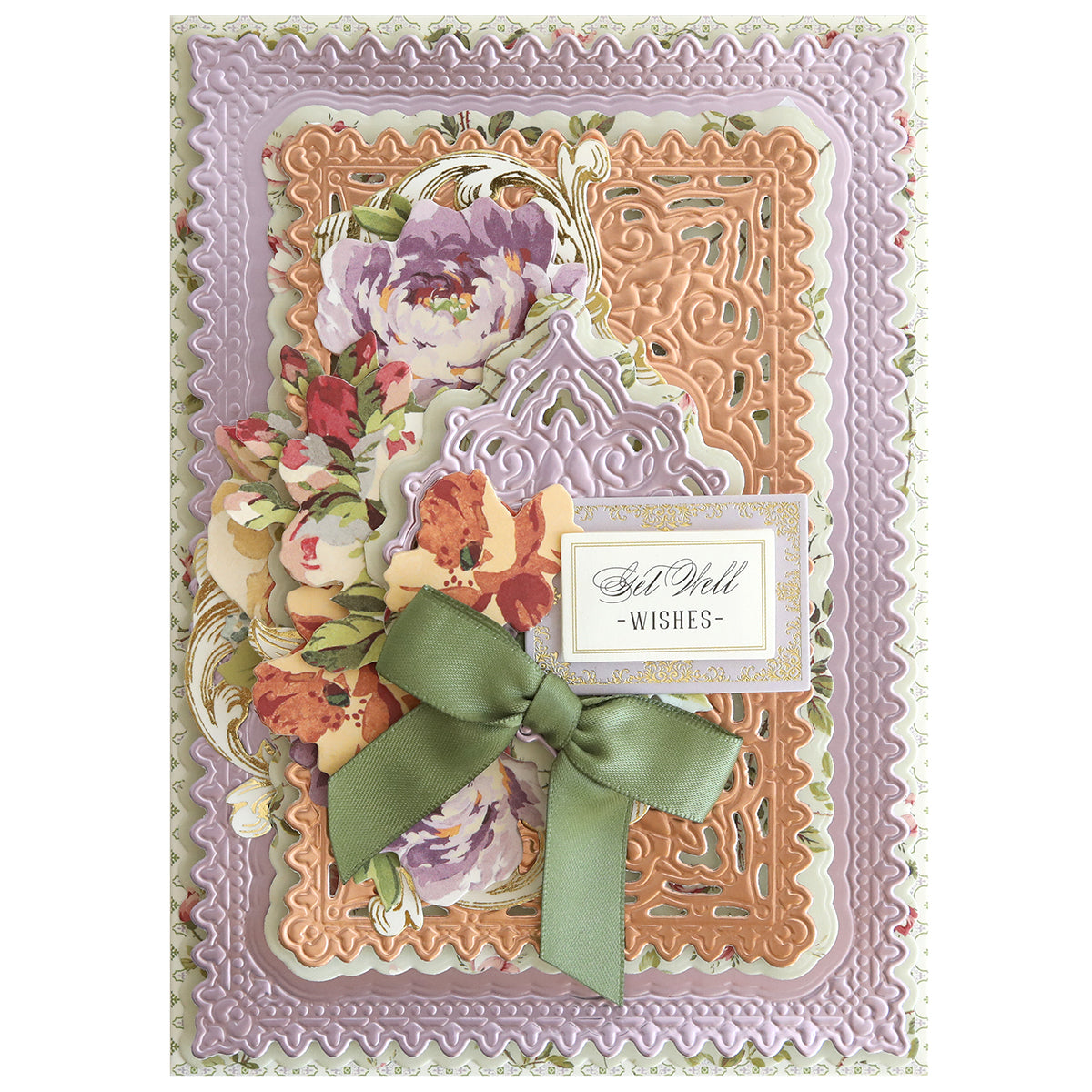 The Jasmine Concentric Die Set creates decorative get well cards with layered pastel frames, floral accents, and a green ribbon bow—ideal for fans of handmade creations and intricate layered designs.