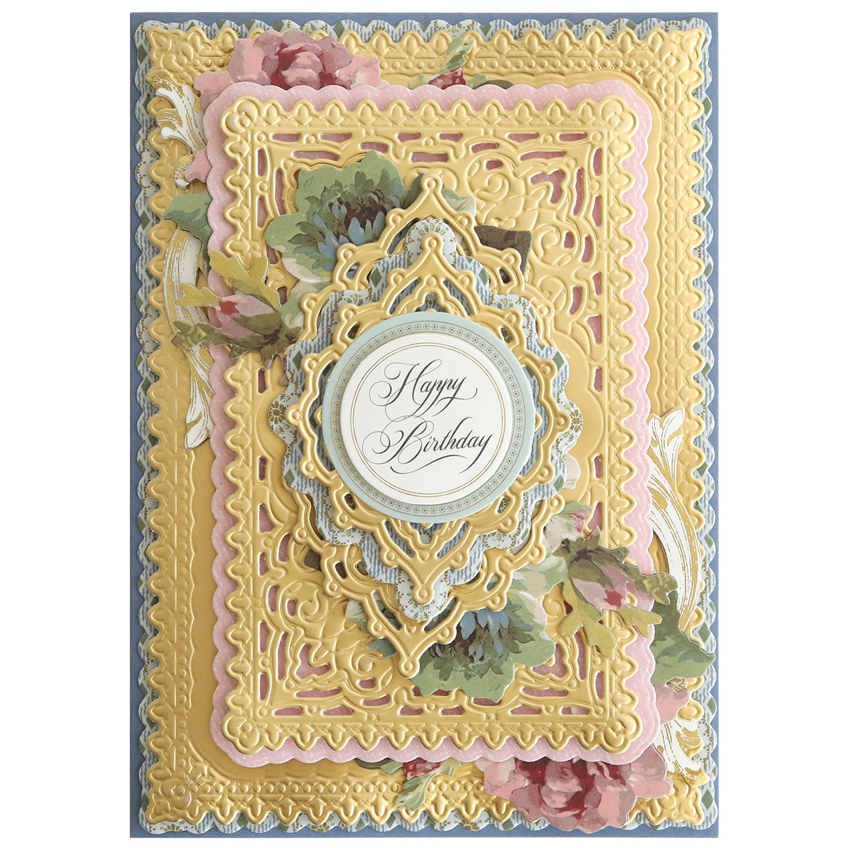 Ornate layered birthday card made with the Jasmine Concentric Die Set, showcasing detailed yellow, pink, and blue designs, floral accents, and a "Happy Birthday" message in the center.