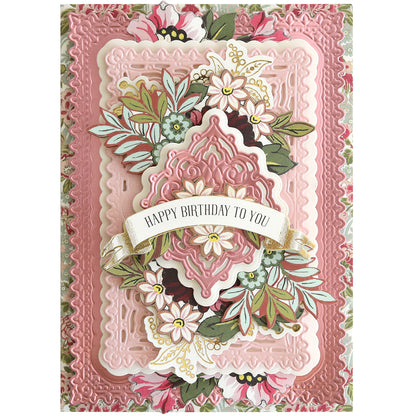 Ornate pink and gold embossed birthday card with layered floral accents, crafted using the Jasmine Concentric Die Set. Features a "Happy Birthday To You" banner—a stunning showcase of elegant handmade design.