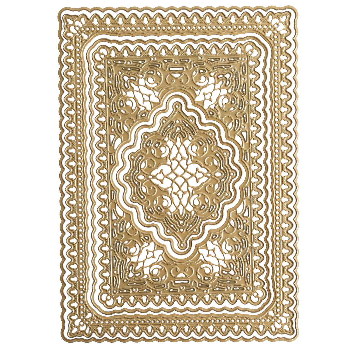Rectangular gold-colored frame with intricate cut-out patterns and scalloped edges—ideal for layered designs with the Jasmine Concentric Die Set or displaying handmade creations.