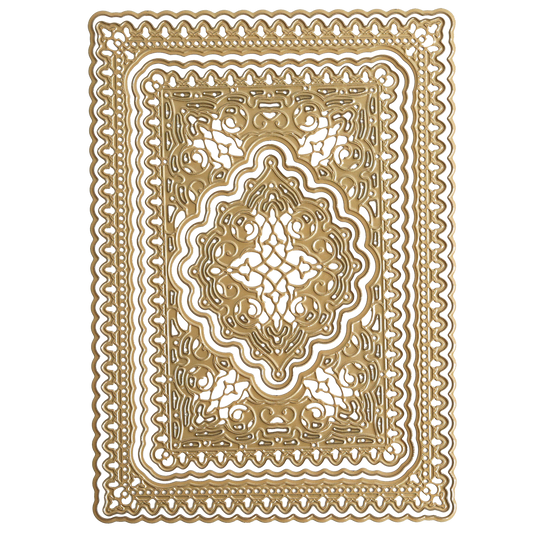 Rectangular gold-colored frame with intricate cut-out patterns and scalloped edges—ideal for layered designs with the Jasmine Concentric Die Set or displaying handmade creations.