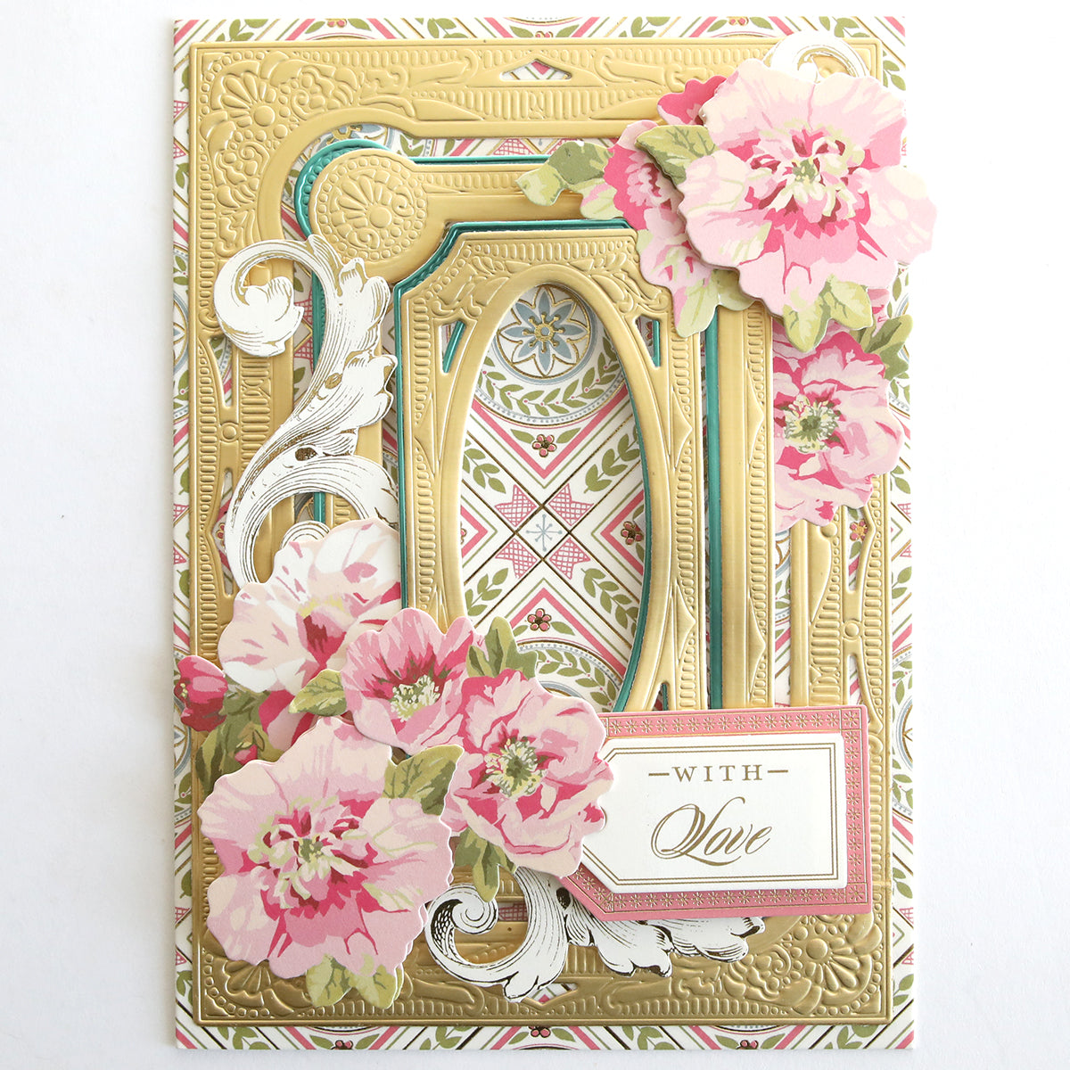 The Jasmine Cardstock, Borders & Embellishments set includes a decorative card with ornate gold foil frames, pink floral accents, and a "With Love" message on a patterned background.