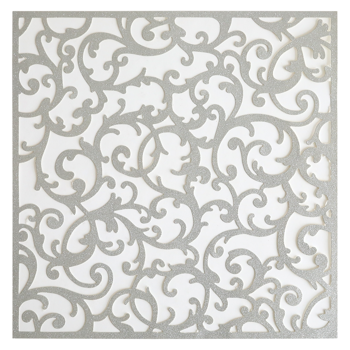 Endora Silver Glitter Diecut 12x12 Cardstock features an intricate, swirling scrollwork design in silver glitter on a white background.