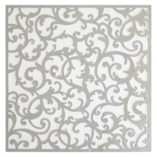 Endora Silver Glitter Diecut 12x12 Cardstock features an intricate, swirling scrollwork design in silver glitter on a white background.