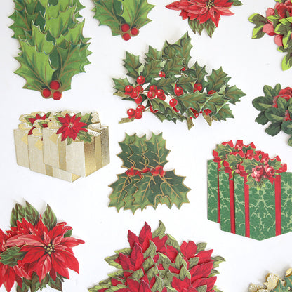 Create Holiday Embellishments: Assorted Christmas-themed stickers with holly leaves, red berries, poinsettias, and gift boxes on white—ideal for adding festive flair to crafts or cards.