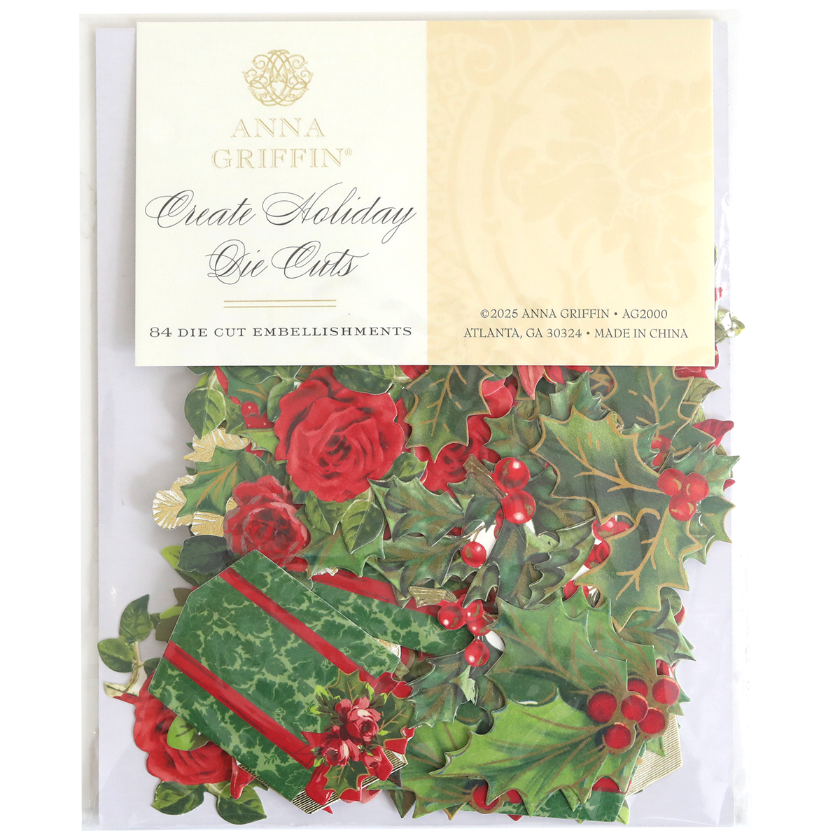 Create Holiday Embellishments features 84 layered die cuts—perfect for the holidays with festive designs including red roses, holly, poinsettias, and striped ornaments.
