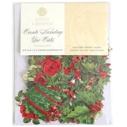Create Holiday Embellishments features 84 layered die cuts—perfect for the holidays with festive designs including red roses, holly, poinsettias, and striped ornaments.