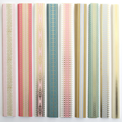 Ten vertical strips from the Jasmine Cardstock, Borders & Embellishments set in assorted colors and gold foil patterns, each with unique intricate designs and varying widths.