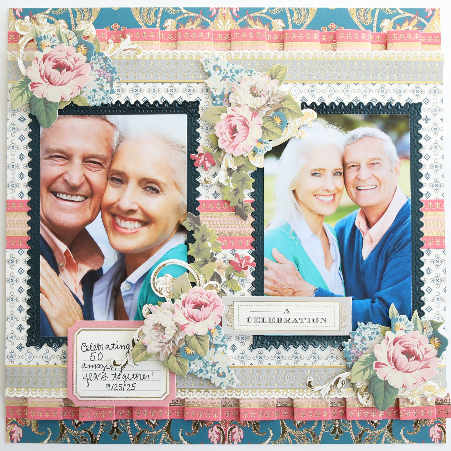 A scrapbook layout features two photos of a smiling older couple, floral accents, Create Everyday Border Stickers, and captions: “Celebrating 50 amazing years” and “A Celebration.”.