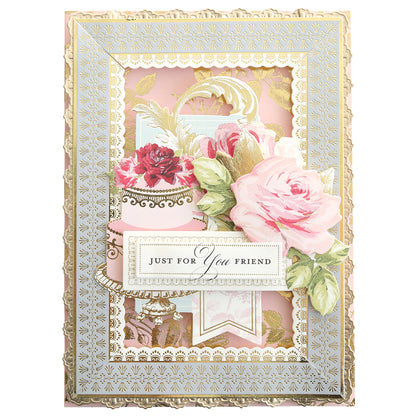 Greeting card with pink roses, gold accents, and "Just For You Friend" message—pairs perfectly with Create Everyday Border Stickers to make unique scrapbook layouts.
