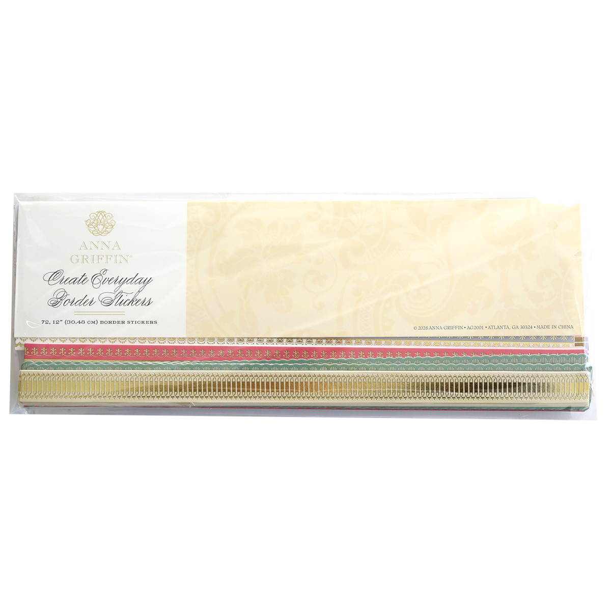 Create Everyday Border Stickers by Anna Griffin: a set of ornate gold, red, pink, and green decorative border stickers on white—perfect for embellishing scrapbook layouts or handmade cards.