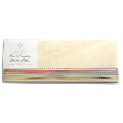 Create Everyday Border Stickers by Anna Griffin: a set of ornate gold, red, pink, and green decorative border stickers on white—perfect for embellishing scrapbook layouts or handmade cards.