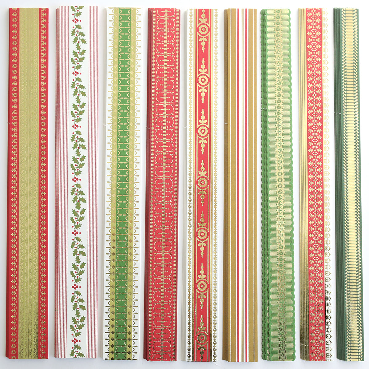 Ten Create Holiday Border Stickers in red, green, and gold with holly, stripes, and geometric designs are arranged vertically—perfect for festive crafting or adding a holiday touch to your projects.