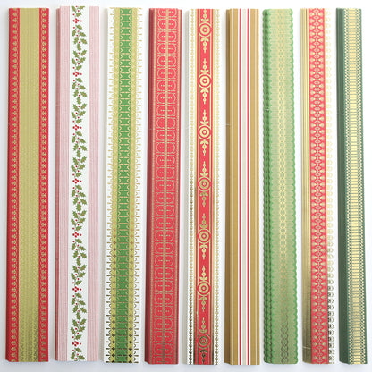 Ten Create Holiday Border Stickers in red, green, and gold with holly, stripes, and geometric designs are arranged vertically—perfect for festive crafting or adding a holiday touch to your projects.